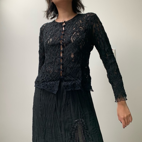 (SOLD) Patsy Seddon for Phase Eight Black Mesh Ribbon Appliqué Cardigan - Picture 2 of 7